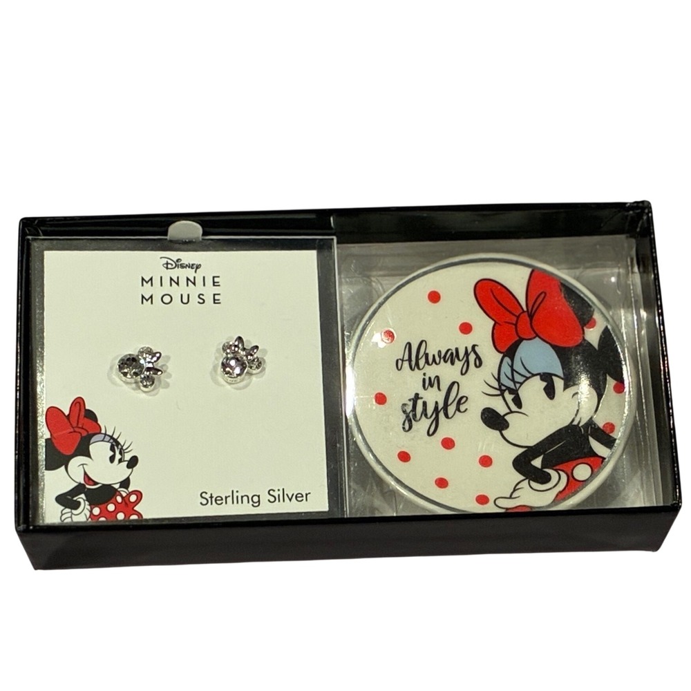 Disney Minnie Mouse Sterling Silver Crystal Stud Earrings with Trinket Dish Set